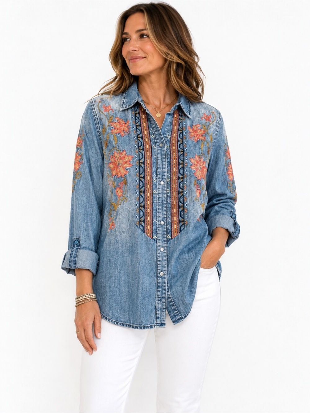 Driftwood Embroidered Denim Snap Front Shirt Floral Western Boho Tunic Top LG